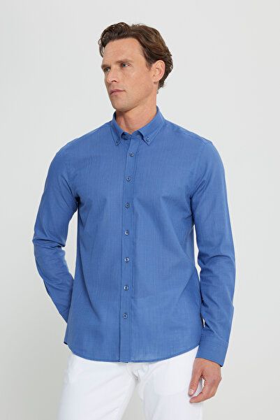AC&Co / Altınyıldız Classics Чоловіча сорочка з льону індиго 100% бавовна Дихаюча тканина Облягаюча сорочка на ґудзиках з відкладним коміром
