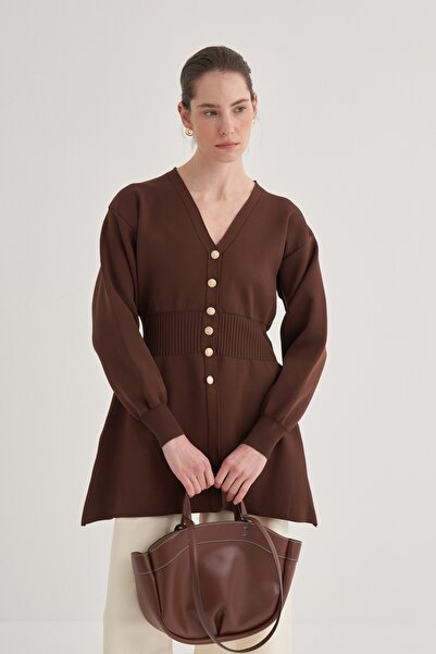 EBU Prive Γυναικεία Premium Πλεκτή Ζακέτα με Κορσάζ στη μέση Καφέ