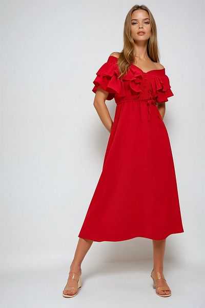 VAGGON Women's Red Collar Gipeli and Flounced Waist Midiboy Woven Dress Vgn-X8559