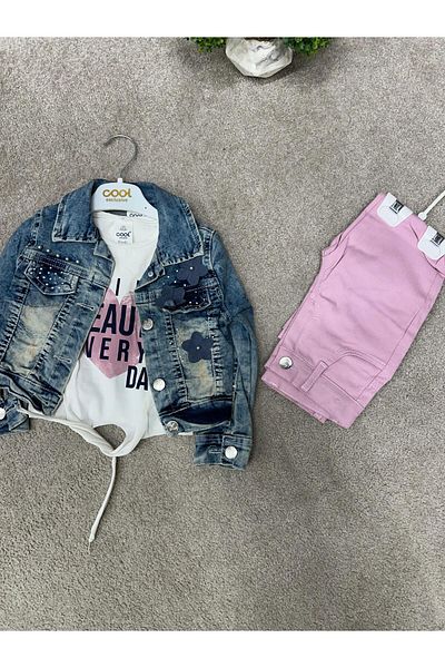 Cool Exclusive Girl's Flower Embroidered Jeans Jacket Set with Pockets
