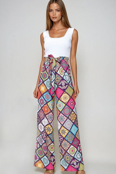 VAGGON Women's Fuchsia Patterned Relaxed Fit Trousers
