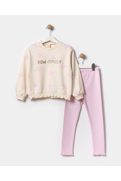 Minipodyum Girl's Glitter Printed Double Suit with Ruffled Waist Leggings
