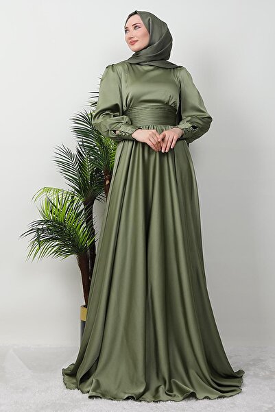 GİZ AGİYİM Βραδινό φόρεμα από σατέν χακί - Σχέδιο με πλισέ μέση