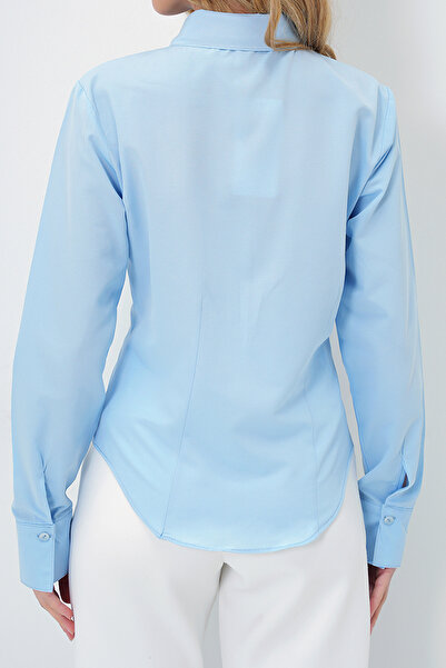 VAGGON Γυναικείο μπλε πουκάμισο ποπλίνα με μανσέτες μπροστά και πίσω με εφαρμογή στη μέση Prmx13505