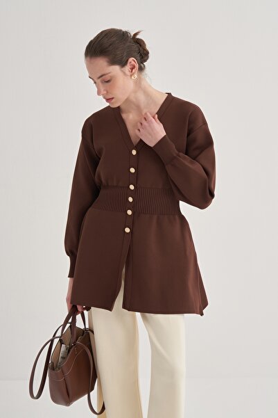 EBU Prive Γυναικεία Premium Πλεκτή Ζακέτα με Κορσάζ στη μέση Καφέ