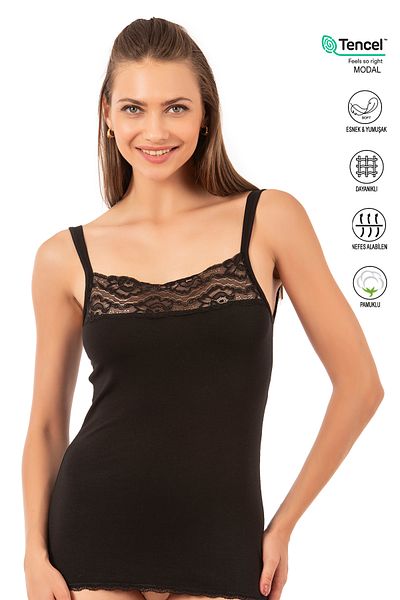 ÖZKAN underwear Дамска плетена тениска Özkan 23422 от модален памук, гъвкава и удобна, с дантела и тънки презрамки