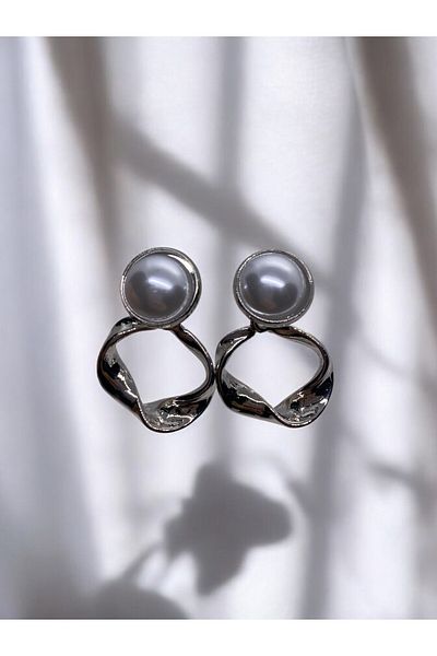Vola Collection Steel Pearl Detailed Silver Round Stylish Earrings