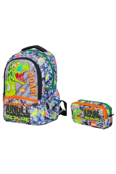 Wia Dinosaur Printed Boys' Double Primary School Schoolbag Set - Backpack+Pencil Holder - Green - Gray