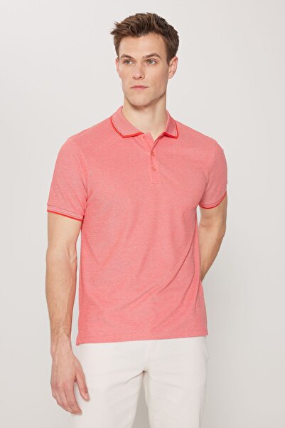 AC&Co / Altınyıldız Classics Erkek Çekmeyen Pamuklu Kumaş Slim Fit Dar Kesim Narçiçeği-Beyaz Kıvrılmaz Polo Yaka Tişört