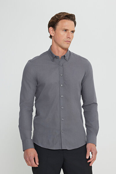 AC&Co / Altınyıldız Classics Erkek Antrasit Keten Görünümlü %100 Pamuk Nefes Alabilen Kumaş Flamlı Slim Fit Düğmeli Yaka Gömlek