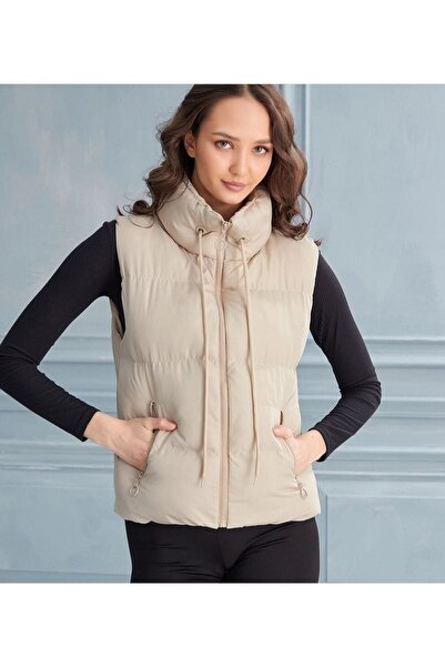 NEW RONİ Kadın Kordonlu Cep Fermuarlı Spor Deri Şişme Yelek