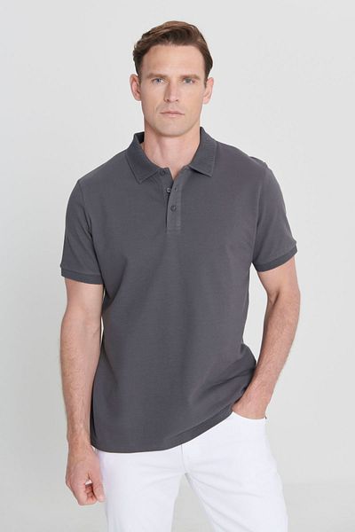 ALTINYILDIZ CLASSICS Anthrazitfarbenes Slim Fit-T-Shirt aus Baumwolle mit Polokragen für Herren – Uncurlable