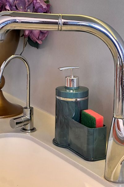 Makri Stylish Silver Detailed Liquid Soap Dispenser with Sponge Holder for Kitchen or Bathroom, Domestic Production
