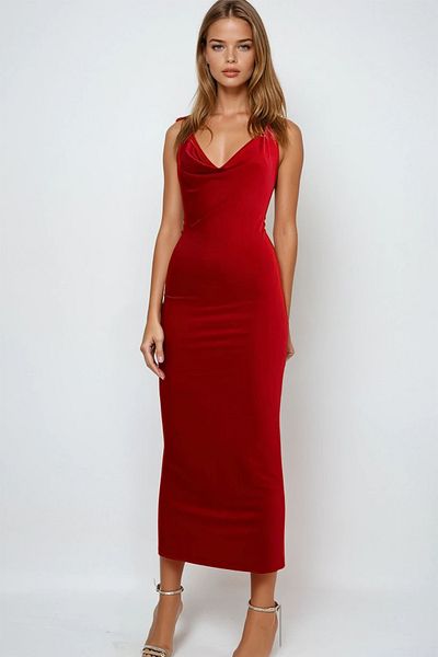 VAGGON Women's Red Degaje Collar Backless Long Sandy Dress