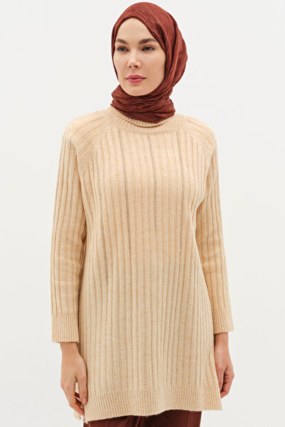 Tuğba Boğazlı Reglan Kol Triko Kazak - Bej