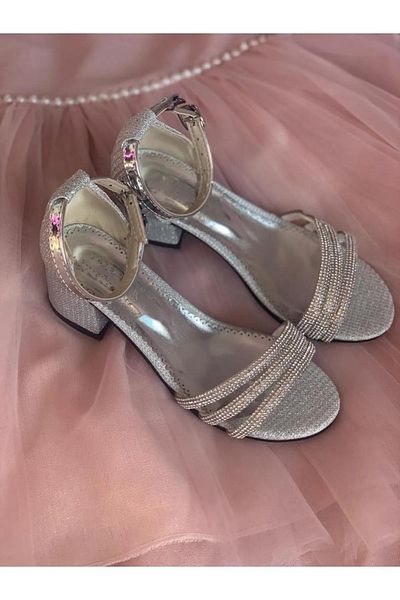 KATEYLER Pantofi cu toc pentru fete cu sclipici argintii Three Stones