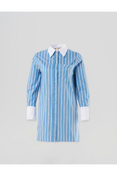 Kayra Crown Blue Tunic - Slogan Embroidery and Line Pattern
