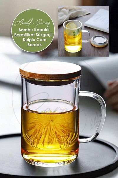 Anadolu Saray Bambu Kapaklı Borosilikat Cam Bardak Süzgeçli Kulplu Demlikli Ç...