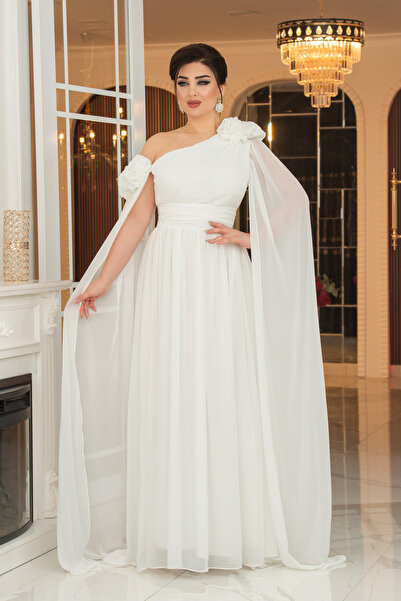 Matik Abiyem Şifon Tasarım Gül Aksesuarlı Kolları Pelerinli Uzun Elbise Abiye