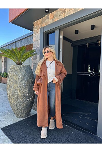 CKBUTİK Taba Süet Uzun Trenç