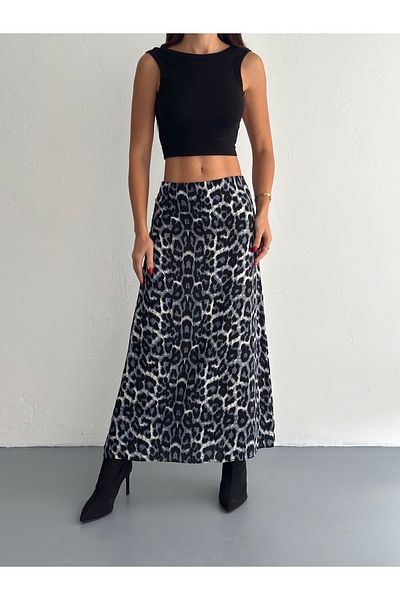 YUSUF CAN KARATAŞ KARATAŞ GİYİM Fusta de damă neagră cu model leopard, cu talie elastică, lungă din țesătură de viscoză, model clopot