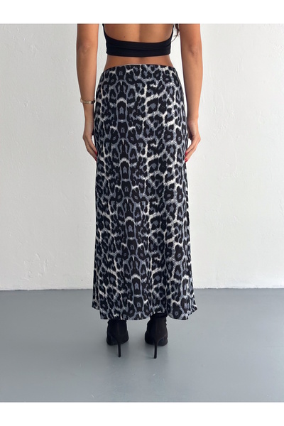 MaxiMor Fusta de damă neagră cu model leopard, cu talie elastică, lungă din țesătură de viscoză, model clopot