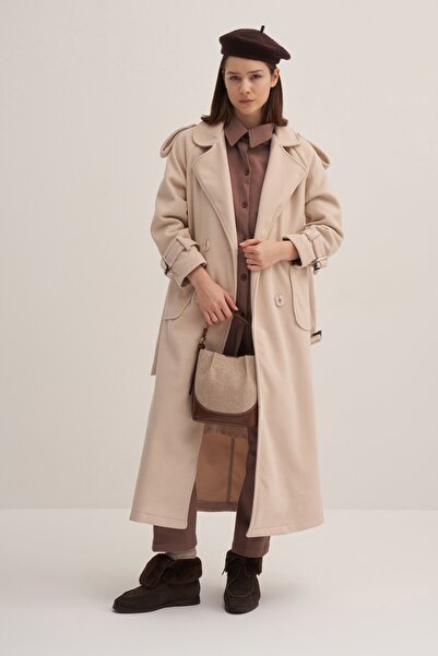 EBU Prive Μπεζ Γυναικείο Παλτό oversized Μακρύ Καστανό