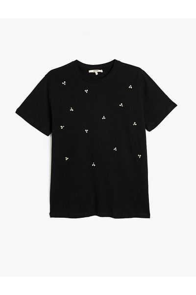 Koton Tricou din bumbac cu mânecă scurtă, cu decolteu, cu pietre