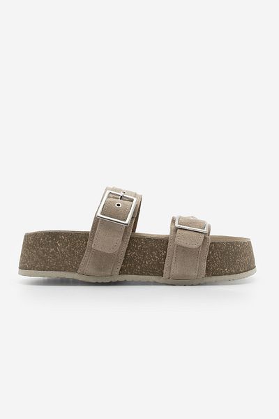 Marjin Papuci de damă din piele intoarsa bej - piele naturala, benzi duble si talpa din pluta