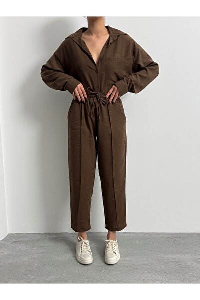 BEJNA Női barna túlméretezett vászon ing nadrág alsó felső szett