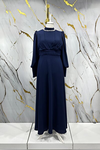 hakimoda فستان سهرة كاتري كريب باللون الأزرق الداكن