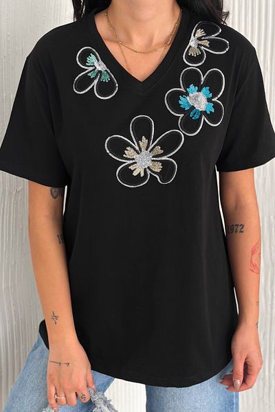 FEMELLE Tricou de damă, negru, cu decolteu în V, cu model de flori, cu paiete brodate, 100% bumbac