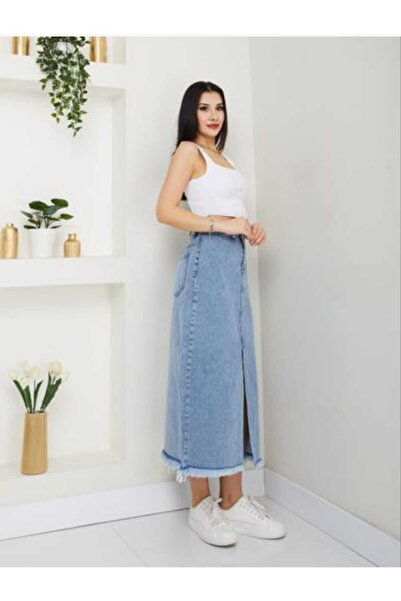 ECK MODA Blue Denim Midi Boyce Women's Skirt with Back Pocket and Front Slit and Tassel Detail