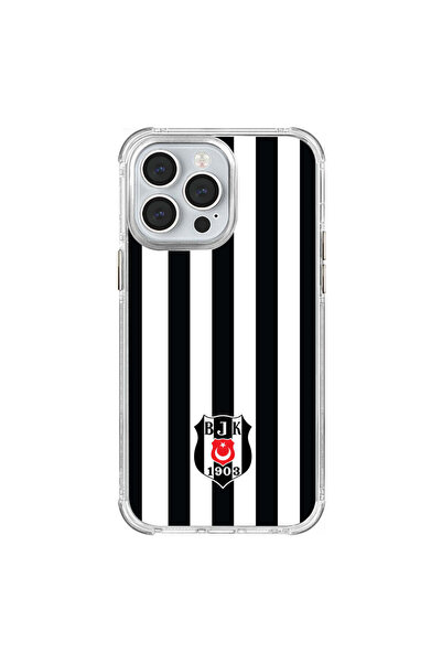 Beşiktaş iPhone 14 Pro Uyumlu  Max Beşiktaş Çubuklu Logo Şeffaf Telefon Kılıfı