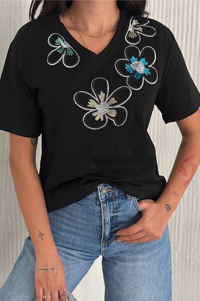 FEMELLE Tricou de damă, negru, cu decolteu în V, cu model de flori, cu paiete brodate, 100% bumbac