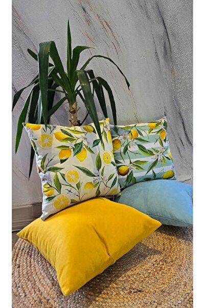 ASDİVA Lemon Pattern - Plain Panoroma 4-Piece Decorative Throw Pillow Cover 4...