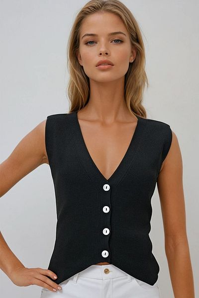 VAGGON Women's Black V-Neck Buttoned Summer Knitwear Vest
