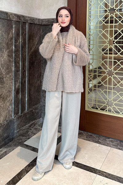 Ovn. Μπεζ βελούδινο παλτό - Benny Atkılı