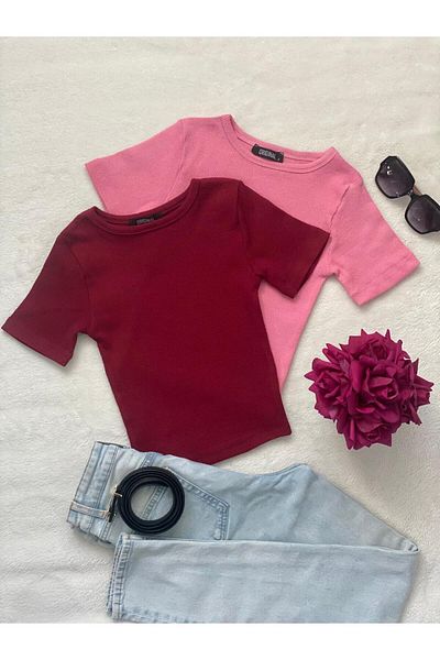 Wearflawless Γυναικείο μπλουζάκι 2 τεμαχίων από βαμβακερό κορδόνι με λαιμόκοψη πλεκτό Crop μπλουζάκι