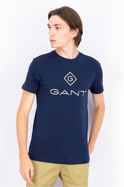 Gant Men Crew Neck Short Sleeve Brand Logo T-shirt, Navy