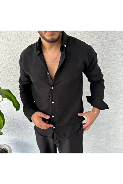 tetramoda Černá mačkaná plátěná košile