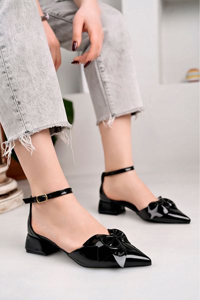 Entella Store Women's Black Patent Leather Heeled Bow Shoes