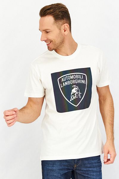 Lamborghini Men Crew Neck Short Sleeve Brand Logo T-shirt, White