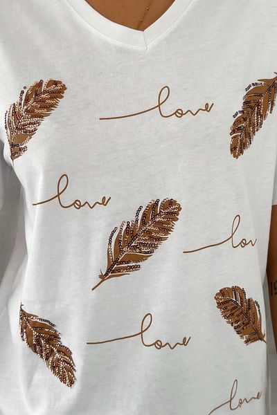 FEMELLE Women's White V-Neck Plus Size Leaf Sequin Sequin Embroidered 100% Cotton T-Shirt
