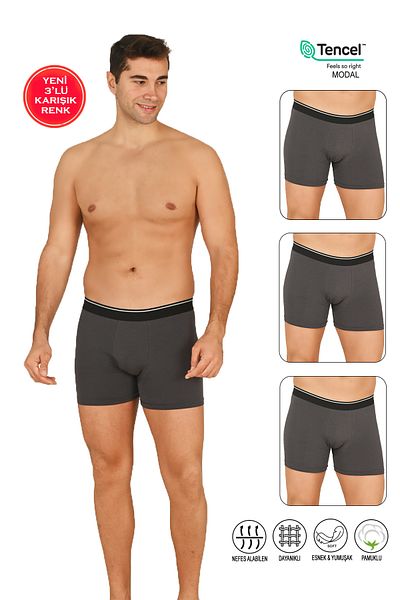 ÖZKAN underwear Özkan 11256 3 Πακέτο Ανδρικό Premium Ύφασμα Modal Βαμβακερό εύκαμπτο μαλακό μπόξερ σορτς
