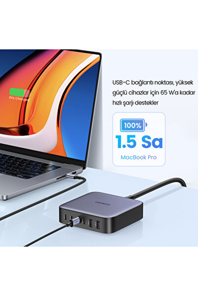 Ugreen Nexode 200W GaN II 6 Portlu Masaüstü Hızlı Şarj Cihazı İstasyonu 4xUSB-C, 2xUSB-A, Gri - 40914