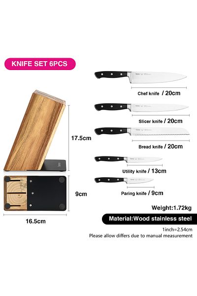 Fissman 6-Piece Knife Set w/ Wooden Block Chef Knife, Slicer Knife, Bread Knife, Utility Knife, Paring Knife