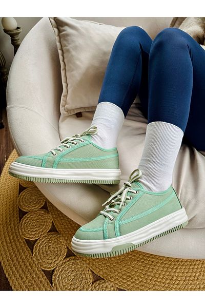 İnan Ayakkabı Women's Green Linen Sneakers (Sole 4 cm)