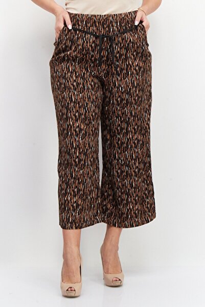ZERO Women Abstract Belted Palazzo Pants, Brown