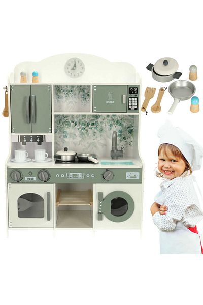 Micostore Children's Kitchen, made of MDF wood, 85 × 62 x 34 cm, with Toy Coffee Maker, Utensils and Accessories